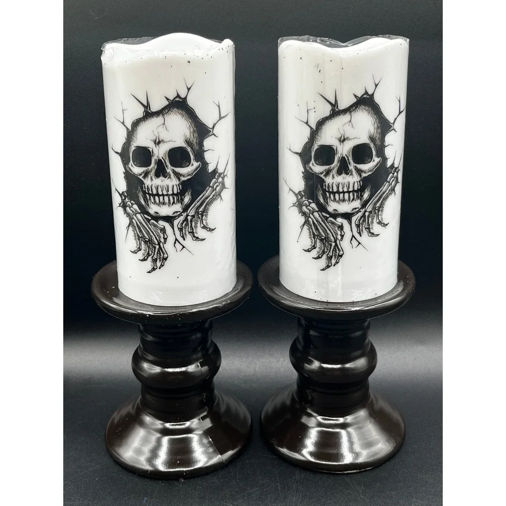Skull Flameless LED Pillar Candles with Pedestal Bases Set of 2 Halloween Decor